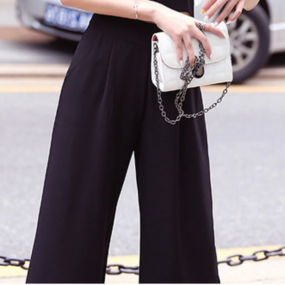 Однотонные летние женские брюки с широкими штанинами брюки с высокой талией свободные тонкие прямые черные брюки на пуговицах для дам