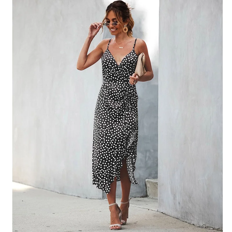 

Women sexy v neck ruched slit ruffle asymmetrical polka dot slip dress sukienka vacation hawaii dress robe mi longue femme