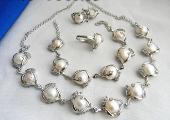 

Prett Lovely Women's Wedding shipping>>12MM White Baroque Freshwater Pearl Necklace Bracelet Earring Ring Set new-jewelry