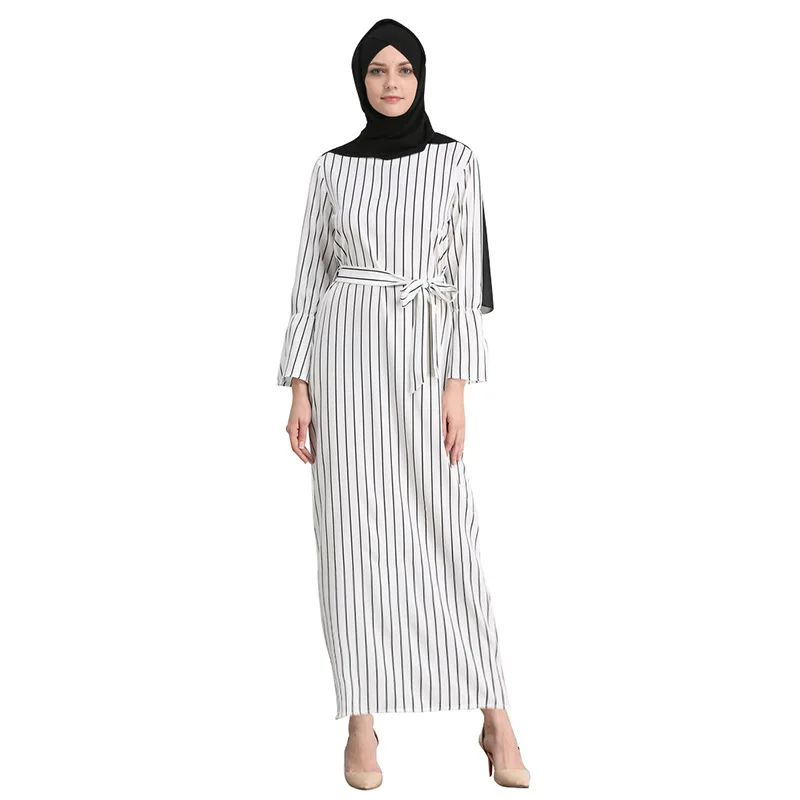New Women Muslim Maxi Fashion Dress Striped Flare Sleeved Abaya Long ...