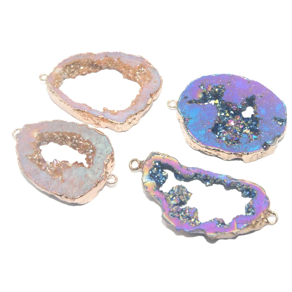 

Natural Unique Colour Crystal Druse Golden Plated Irregular Geode Stone Pendant Women DIY Necklaces Earrings For Jewelry Making