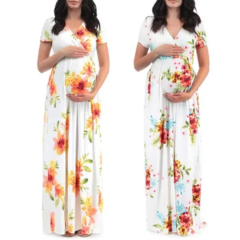 

Maternity Long Dresses Women's V-neck Floral Print Dress Pregnancy Dress Photography Ropa Premama Summer Comfort Clothes 2019