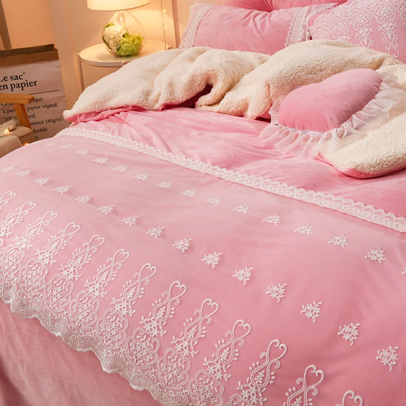 Blue Pink Purple Soft Berber Fleece Princess Girl White Lace Bedding Set Fleece Fabric Duvet Cover Bed sheet/Linen Pillowcases