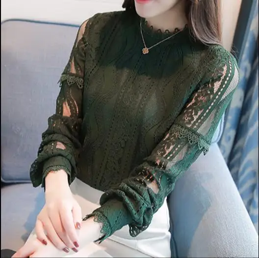

2018 lace shirt women's clothing hollow out stitching lace tops Korean Green long-sleeved lace blouse E196