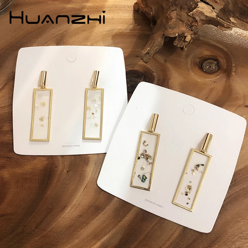 

HUANZHI 2019 Fairy Rectangle Crystal Golden Geometric Unique Transparent Korea Shell Drop Earrings for Women Party Holiday Girl