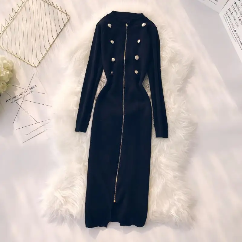 autumn and winter new women O-neck buttons zipper long sleeve waist pockets OL elastic knitted dress female sweater dresses