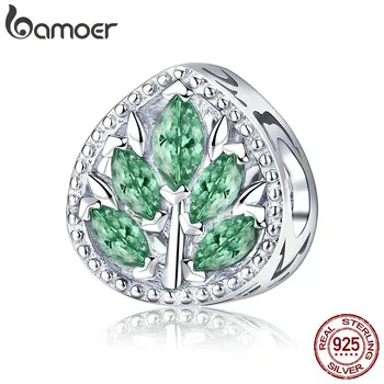 

BAMOER Genuine 100% 925 Sterling Silver Tree Leaves Green CZ Charm Beads fit Women Charm Bracelets DIY Jewelry Making BSC005