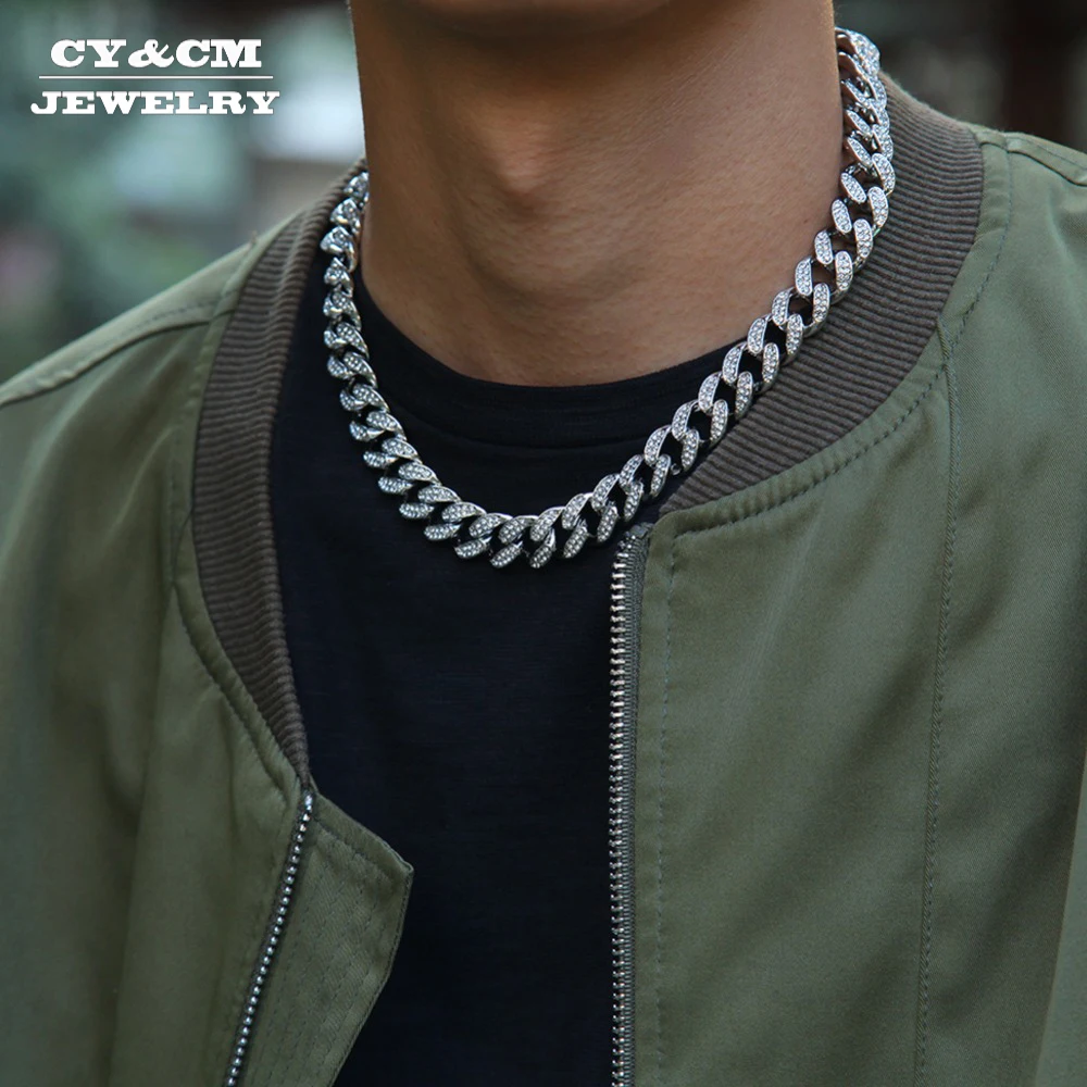 

13mm Hip Hop Miami Curb Cuban Chain Necklace Golden Iced Out Paved Rhinestones CZ Bling Rapper Link Silver Necklaces Men Jewelry