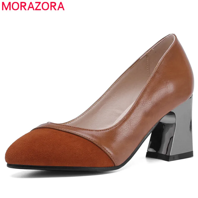 

MORAZORA 2019 new arrival women pumps genuine leather +pu high heels ladies shallow round toe spring summer dress shoes woman