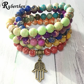 

Ruberthen Fashion Design 7 Chakra Regalite Beads Bracelet Brass Ohm Charm Yoga Bracelet 108 Mala Energy Balance Jewelry