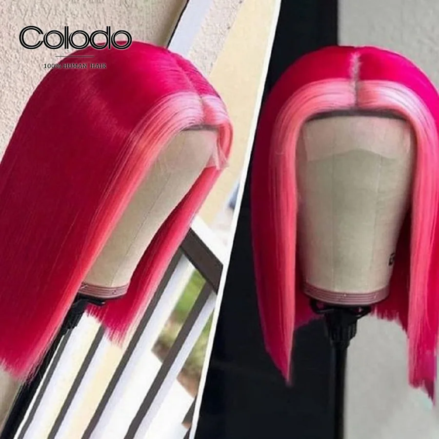 COLODO 13x4 кружевной передний парик с Омбре красный Боб бесклеевая кружевная Передняя парик Remy короткие человеческие парики для женщин Preplucked Hairline - Цвет: Pink Red