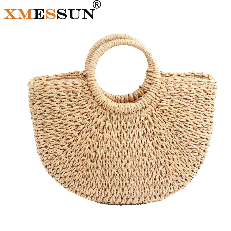 Hand Woven Beach Bag Round Straw Totes Bag Large Bucket Summer Bags