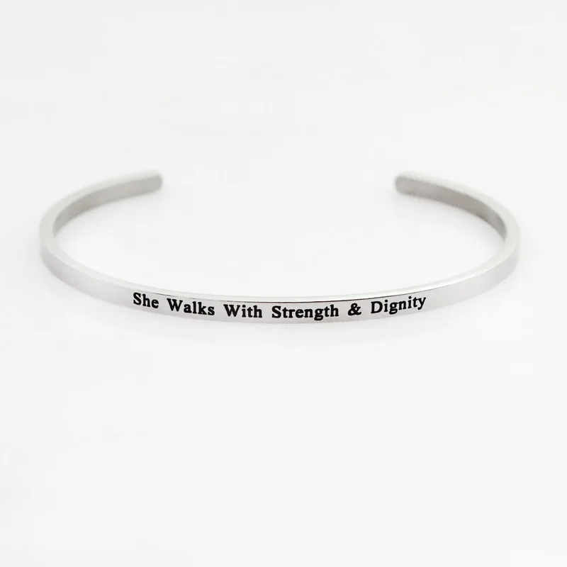 New Silver Stainless Steel Bangle Engraved Positive Inspirational Quote Hand Stamped Cuff Mantra Bracelets For Men Women