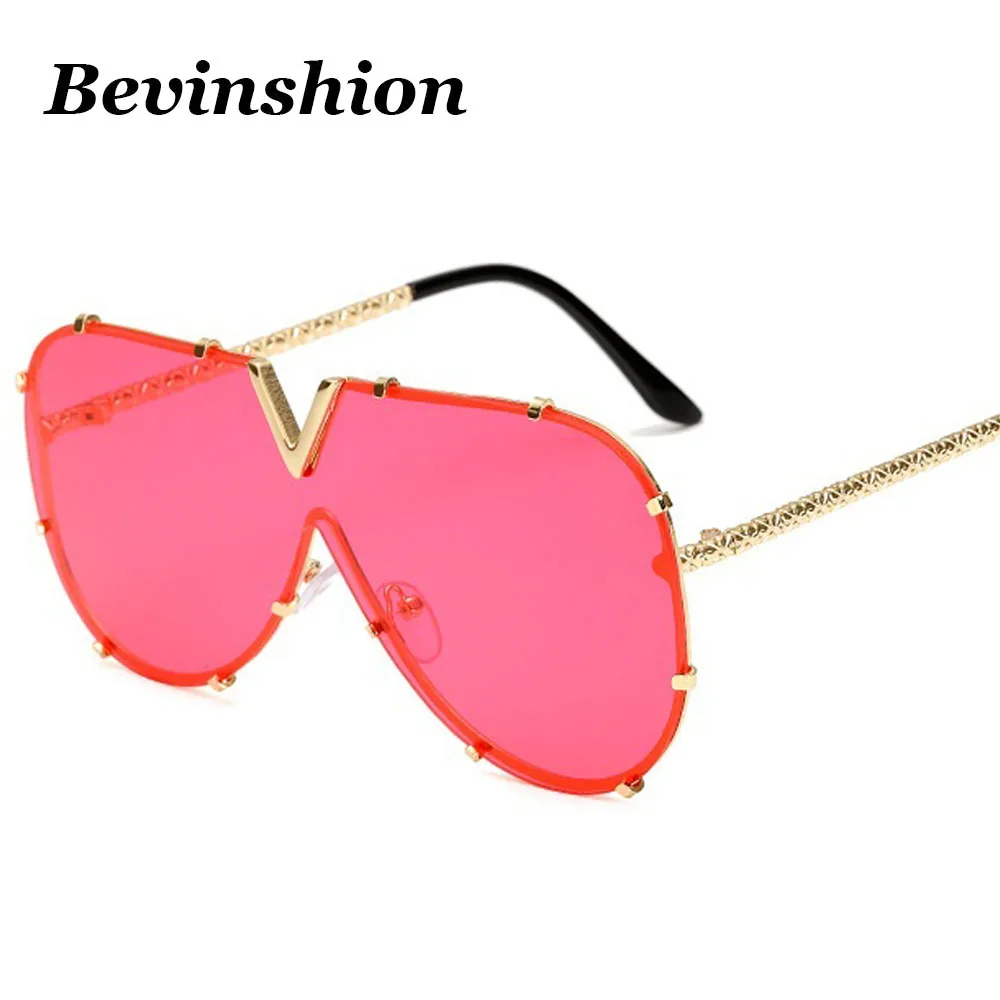 

New Year 2018 V Shaped Frame One Piece Pilot Sunglasses Women Men Brand Designer Sun Glasses Pink Mirror Goggles Oversized Pink