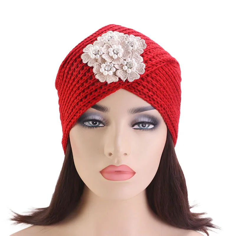 

Winter Knitted Beanie Headband handmade Beanie With Jeweled flower vintage Knit Turban Head wrap Hijab women Turbante