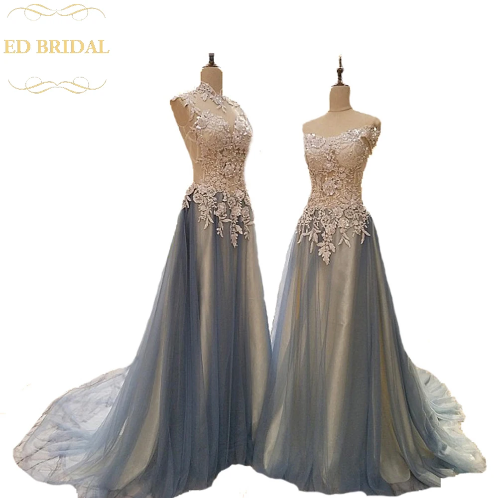 High grade Long Evening Dress Bride Luxury Lace Embroidery Beading Gradient Blue Prom Dresses