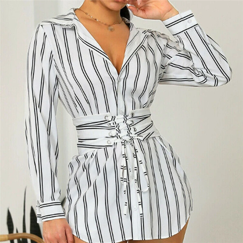 

Women Shirt Dress Summer Casual Ladies Holiday Beach Sexy regular stripes round hems Dress Bowknot strappy Long Sleeves Dress