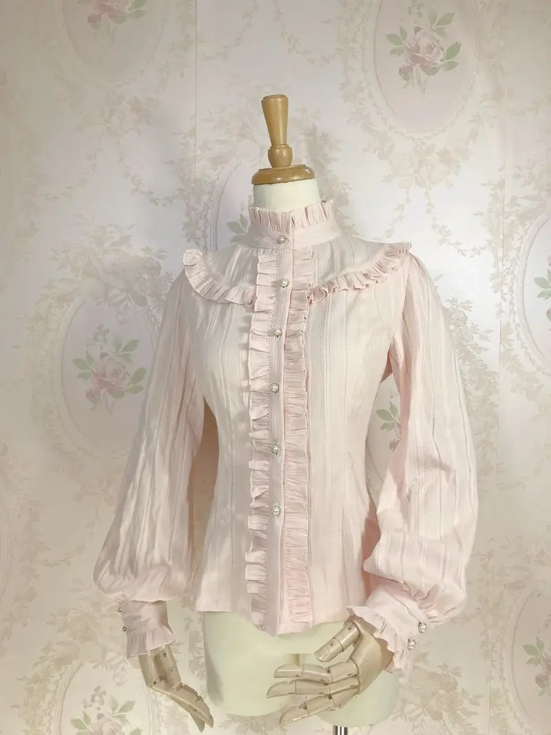 Сладкая женская Лолита Блузка жаккард хлопок с длинным рукавом белый/розовый блузка от Yiliya