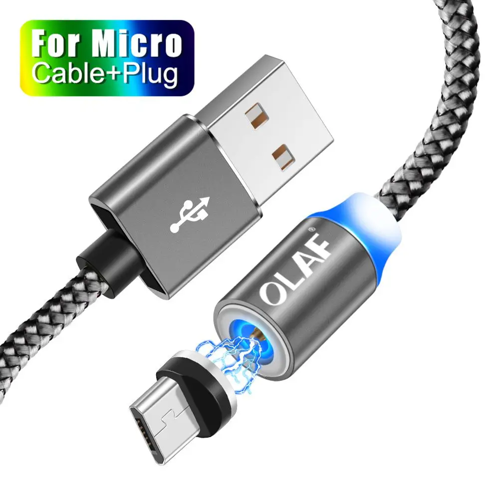 OLAF 2 м светодиодный магнитный USB кабель для iPhone Xs Max 8 7 6 usb type C кабель и оплетка Micro USB кабель для samsung Xiaomi huawei USB C - Цвет: Micro Cable Gray