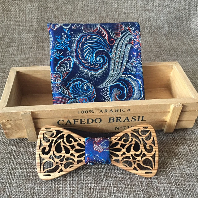 New Design Hollow Male Wedding Wooden Bowties Wiht Blue Pocket Square For Men For Christmas