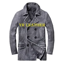 YR!. Классическая Серая длинная Повседневная кожаная куртка, Мужская винтажная тонкая натуральная кожаная куртка. Размера плюс, Воловья кожа