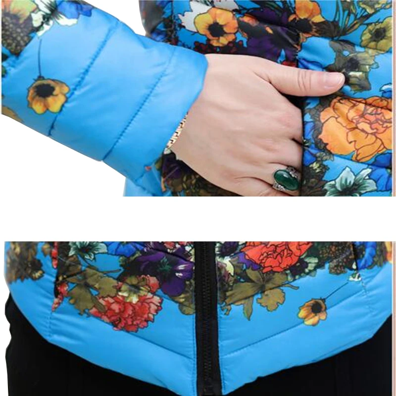 Chaquetas Mujer 2017 New Autumn Winter Jacket Slim Cotton Parkas Women Flower Coats Plus Size Zippers Outerwear Clothing AB029