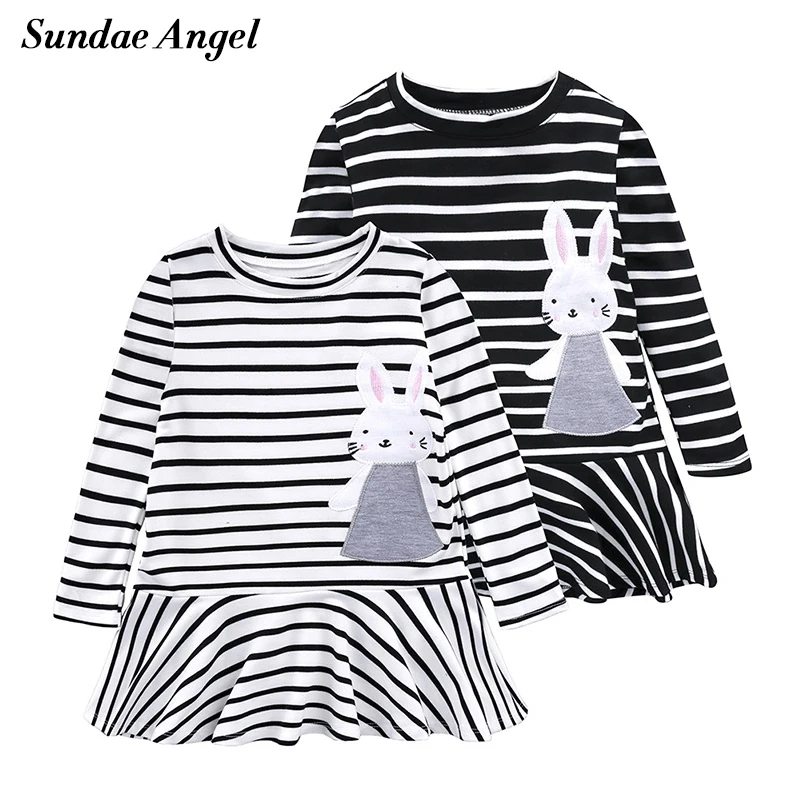 

Sundea Angel Girl Dresses Long Sleeve Round Collar Stripe Kids Dress Animal Print Rabbit Pattern Children's Clothes 2-7 Years