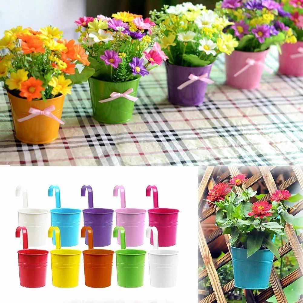 

10x Multi Color Metal Iron Flower Pot Hanging Balcony Planter Garden Wall Home Decorations