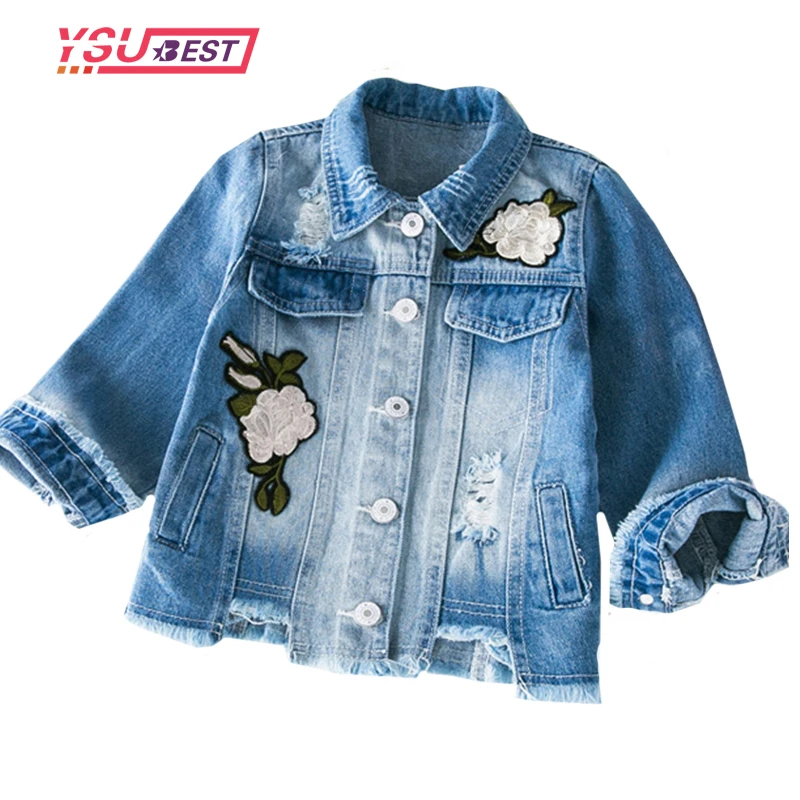 Girls Denim Jackets Coats Fashion Children Outwear Embroidery Flowers