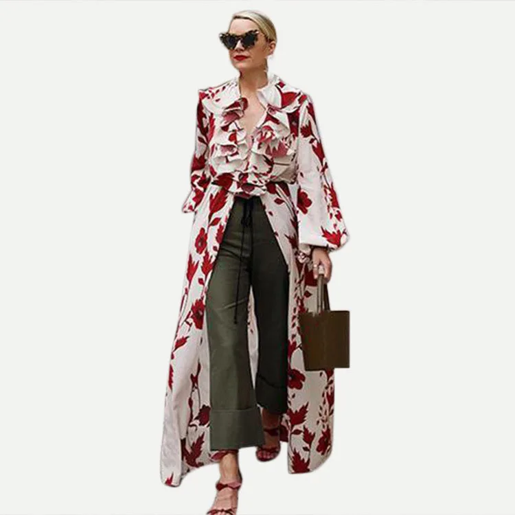 

Fashion 2019 New Spring Red Flower Print Dress Women Lantern Sleeve Patchwork Ruffle Dress V-Neck High Split Maxi Dress