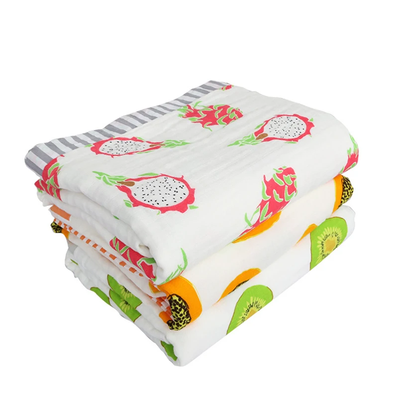 120*160cm Muslin Blankets Babies Swaddling 100 Cotton 4 Layer Fruit Printed Blankets Newborn