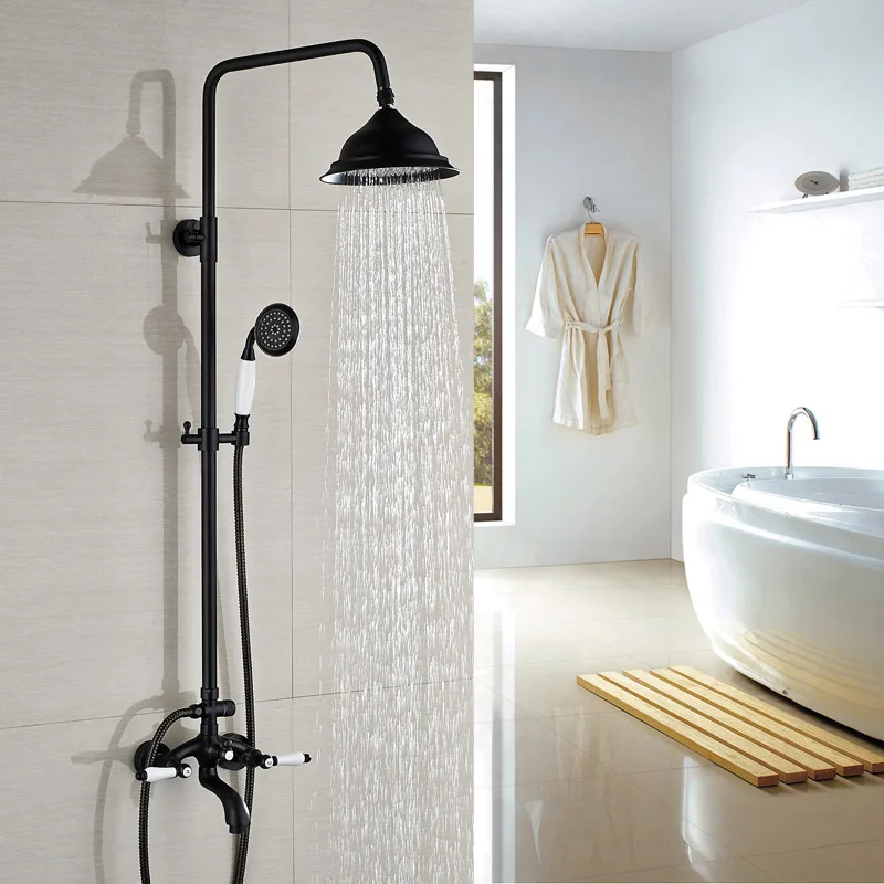 

Dual Handles Oil Rubbed Bronze 8 " Rainfall Bathroom Shower Faucet Complete Sets Wall Mount Shower Faucet