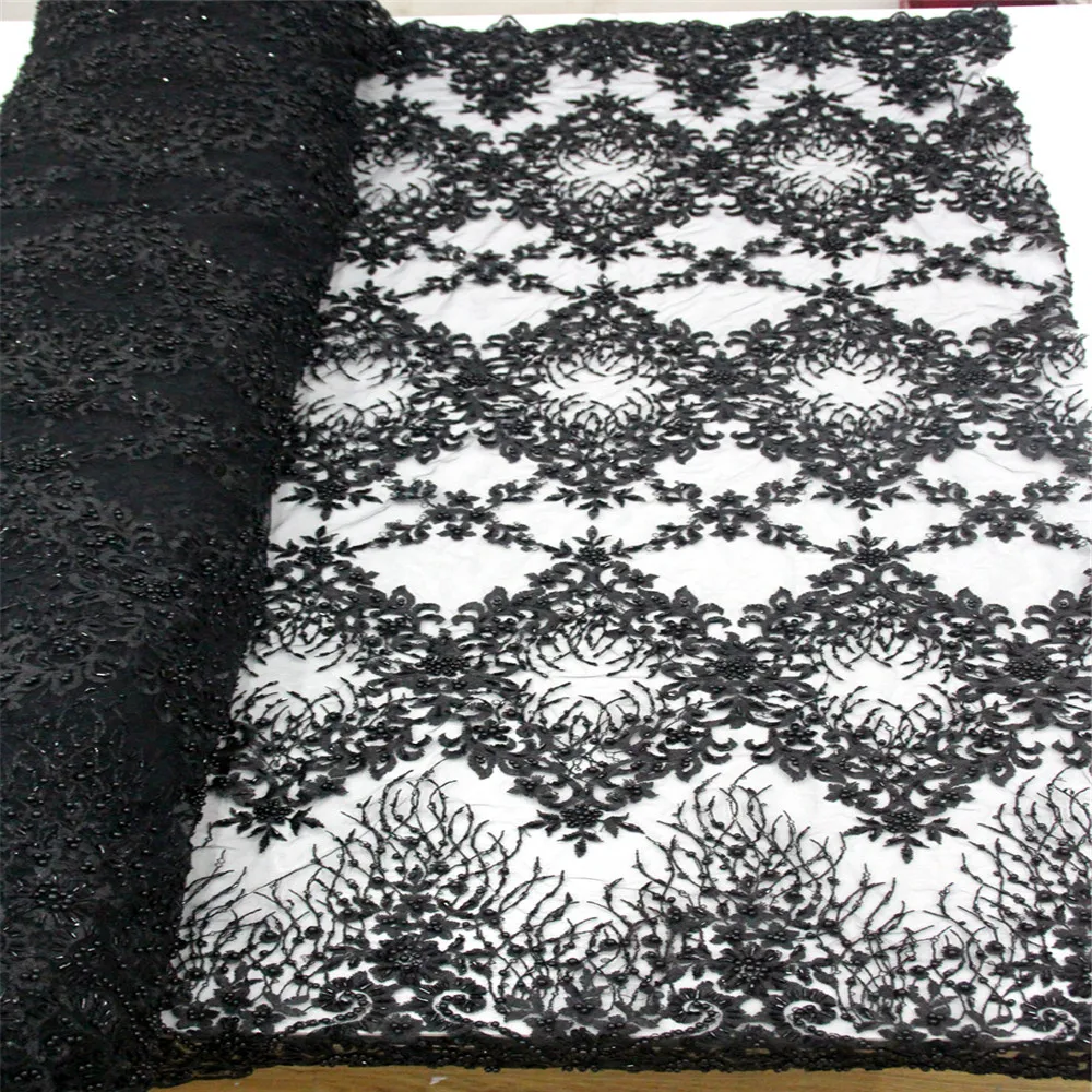 

2018 Latest style French Tulle lace fabric with beads with High quality Latest Nigerian beaded mesh lace fabric HX485-1