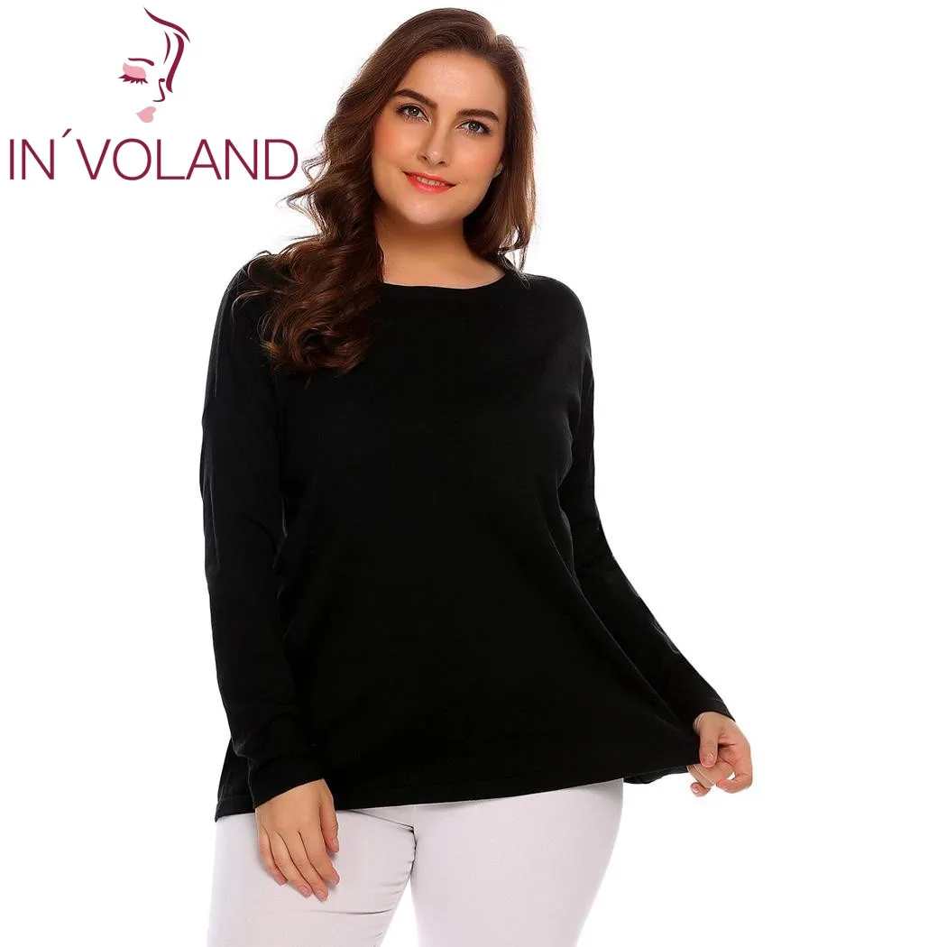 IN'VOLAND женский свитер, топы размера плюс XL-4XL, тонкий осенний весенний Повседневный однотонный базовый пуловер с круглым вырезом и длинным рукавом, женские свитера