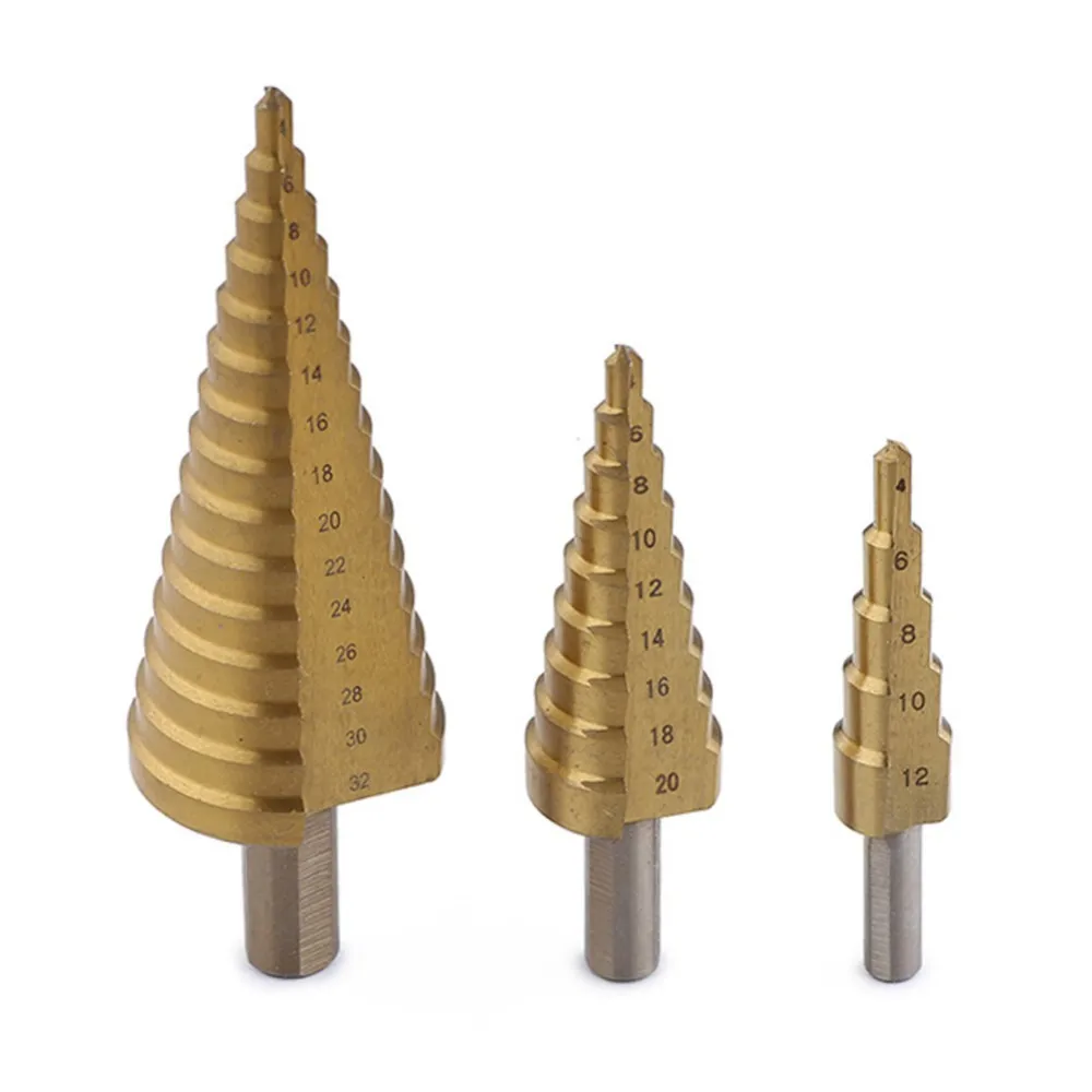 

3Pcs/Set HSS Steel Large Step Cone Hex Shank Coated Metal Drill Bit Cut Tool Set Professional 4-12/20/32mm Hole Cutter