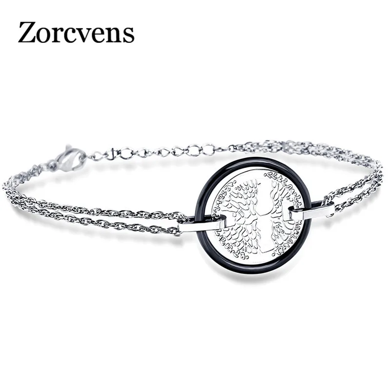 

ZORCVENS White Black Ceramic Bracelet Stainless Steel Hollow Life Tree Flake Ceramic Circle Handmade Charm Bracelet For Women