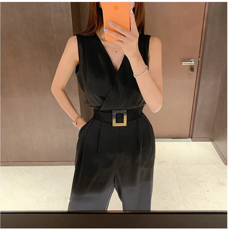 summer elegant new slim jumpsuit sleeveless with belt runway office lady bodysuit Romper