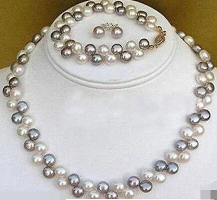 

free shipping 07574 Black White pearl necklace bracelet earrings set (A0423)