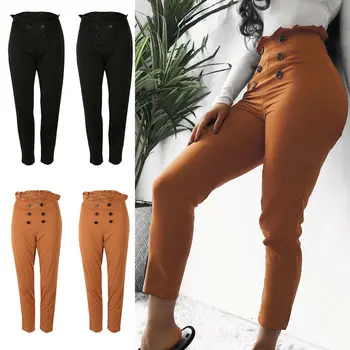

Sexy Women Slim Skinny Pants High Waist Ruffles Button Jogger Long Pencil Trousers