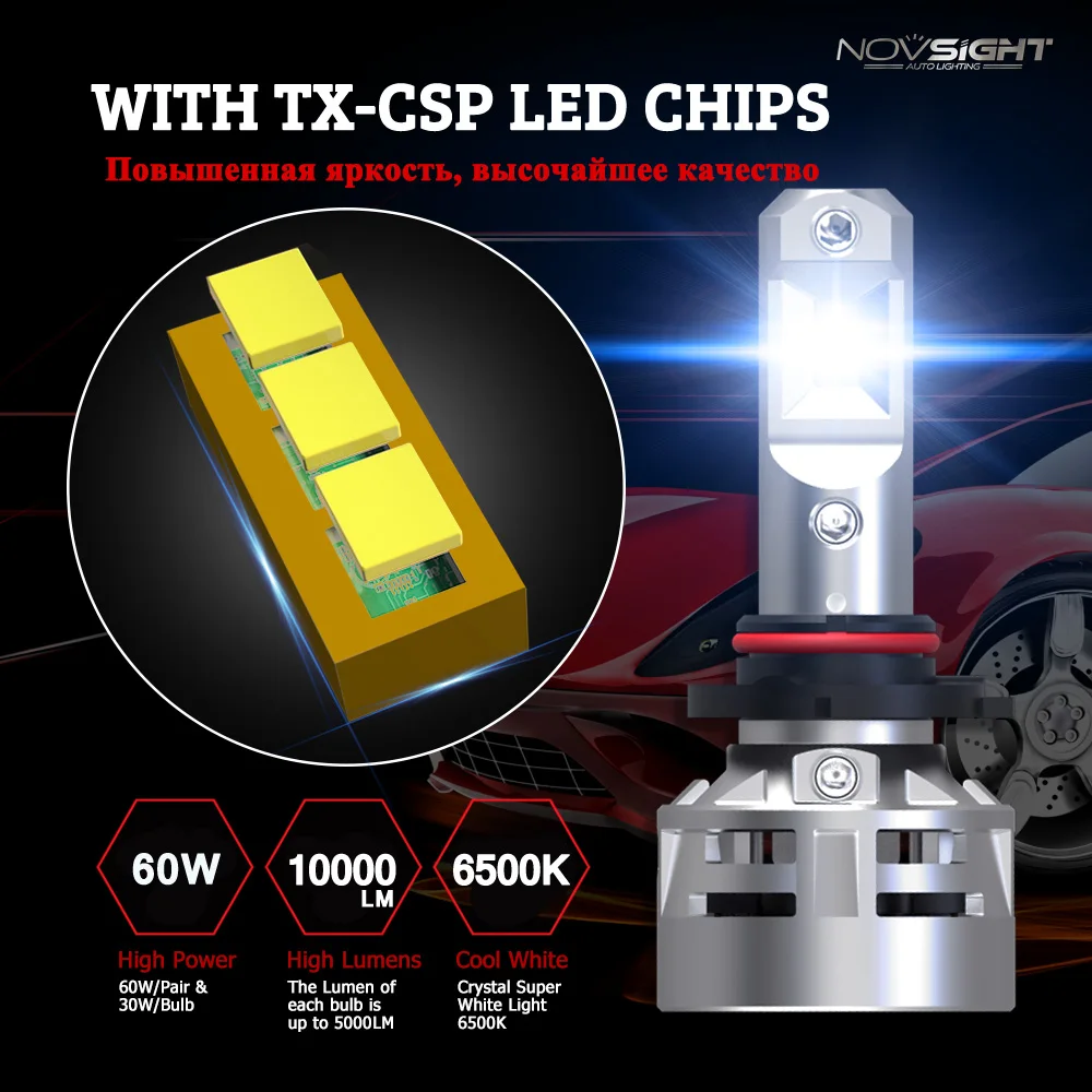 Светодиод Novsight H7, H4, H11, H8, HB3 9005, HB4 9006, светодиодные лампы для авто, 60 Вт, 10000 лм, 12 В, 24 В