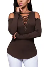 2019 women t-shirts tee top womens female tshirt long sleeve v-neck bandage cold shoulder t tops tee shirt army green scoop neck cold shoulder tie up at back tee