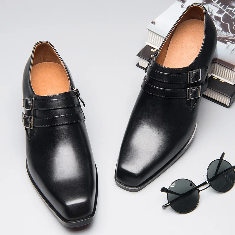 Hot Sale! Men Trendy Heels Full Grain Leather Buckle Belt Pointed Toe Thick Heel Oxfords Business Man Hightened Shoes 5CM