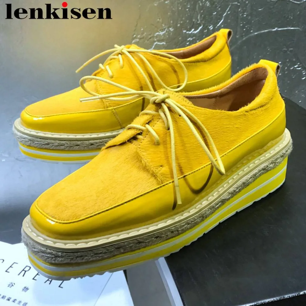 

Lenkisen yellow black luxury horsehair wedges med bottom lace up platform lace up pretty girls genuine leather women pumps L8fy