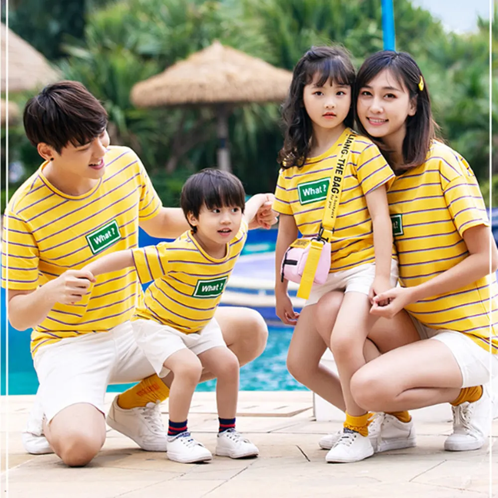 

Family Matching Outfits Mommy Daddy Children's Sets Clothing Casual Yellow Striped Family Look Mother and Daughter Clothes Dress