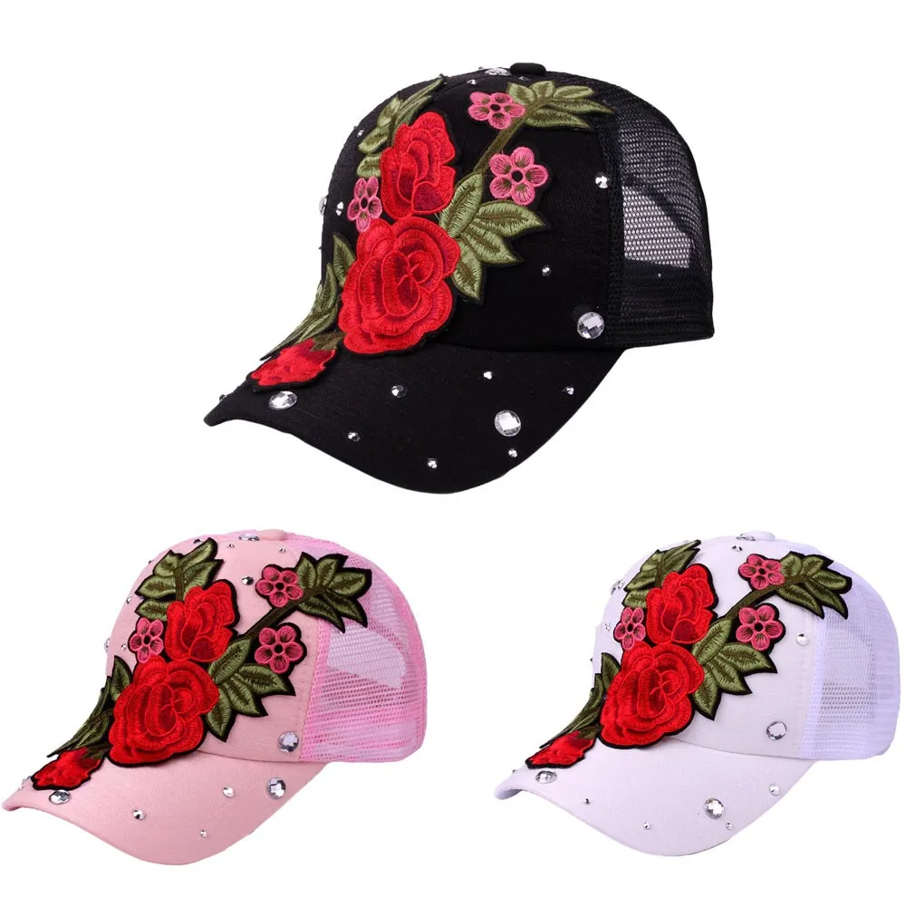 

Women Baseball Cap High Quality Rose Floral Hummingbird Design Hats Casual Girl Luxury Fashion Snapback Rhinestone Cowboy Hat #Y