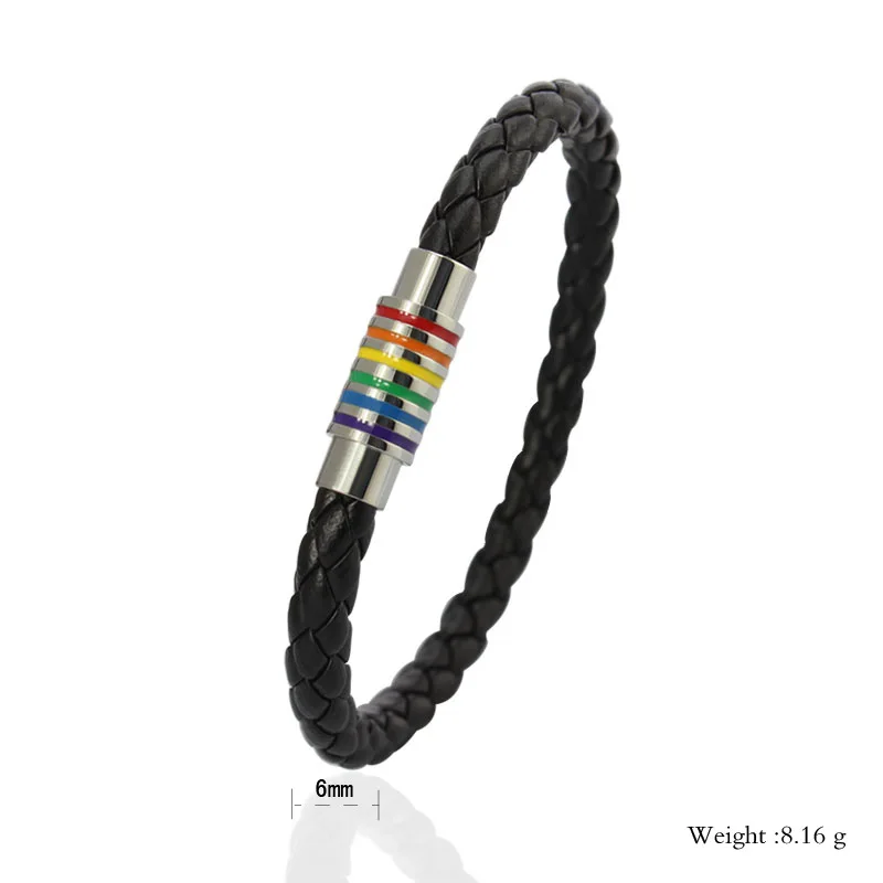 Wholesale Men Rainbow Jewelry Charm Leather Bracelet With Stainless