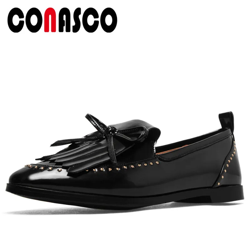 

CONASCO Fashion Women Basic Slip On FlatSpring Autumn Shoes Woman Round Toe Fringe Butterfly Knot Genuine Leather Shallow Shoes