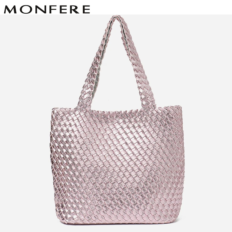 

MONFERE Woven Two Colors Women Bag Handmade String Pu Leather Handbag Shoulder Bucket Hobos Bag Large Capacity 2018 Fashion Tote