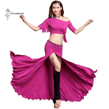 

Women Dance practice costumes adult lady bellydance clothing suit Top+Skirt 2pcs tassel sleeves long dress performance dancewear