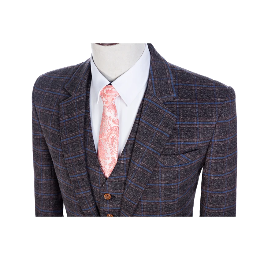 Herringbone 100% Wool Suits Plaid Men 3 Piece Suits Tailored Blazer (Jacket+Pants+Vest)